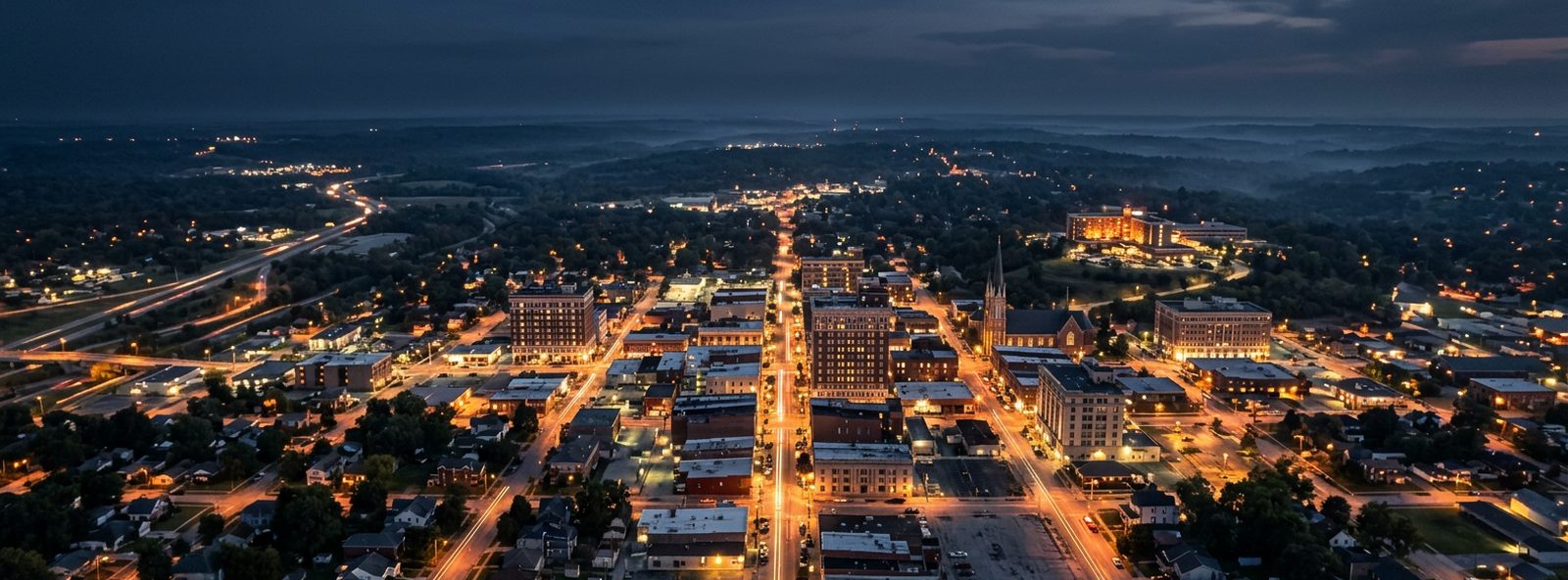 Aerial view of the Joplin, Missouri skyline at dusk, illustrating the metro area TactStack serves structural steel businesses in