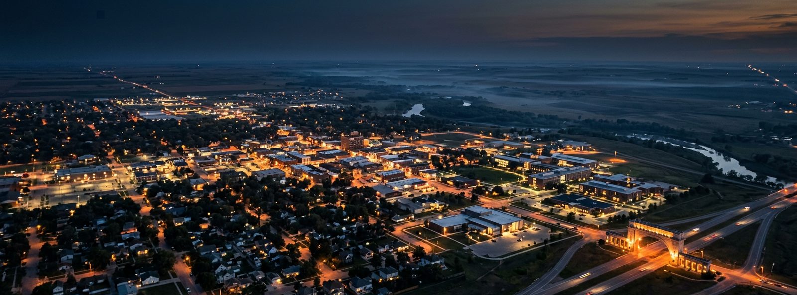 Aerial view of the Kearney, Nebraska skyline at dusk, illustrating the metro area TactStack serves structural steel businesses in
