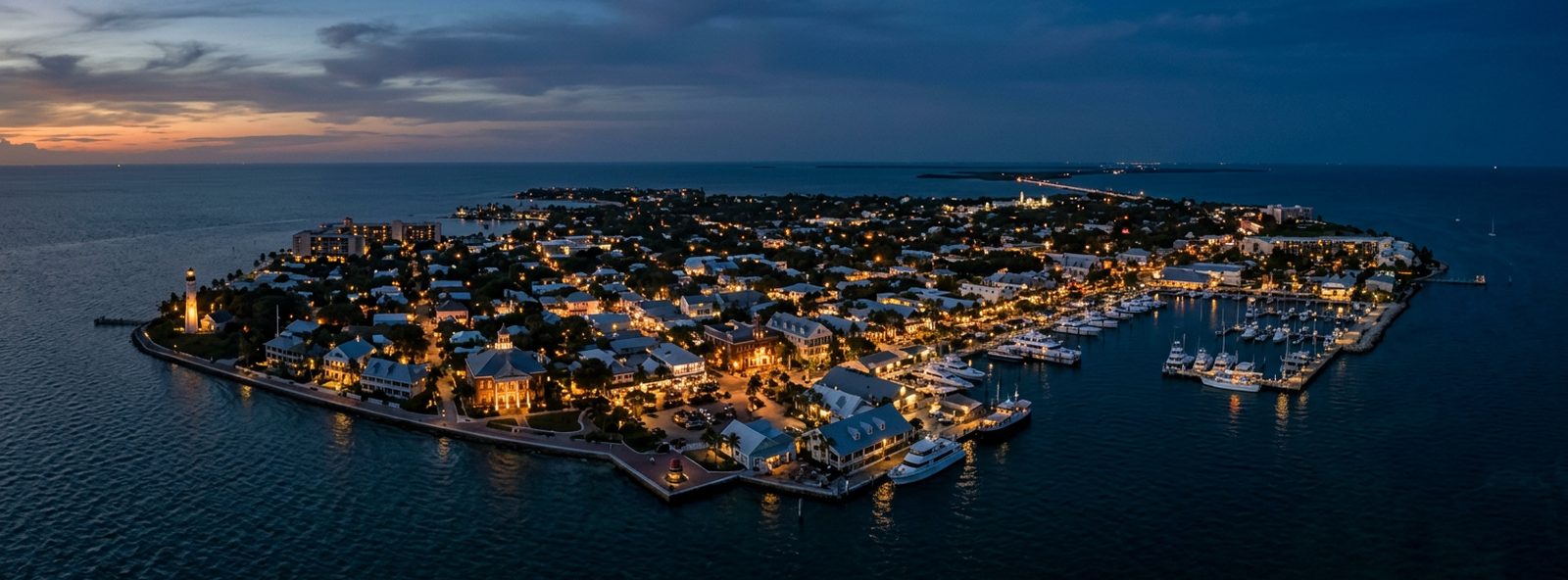 Aerial view of the Key West, Florida skyline at dusk, illustrating the metro area TactStack serves structural steel businesses in
