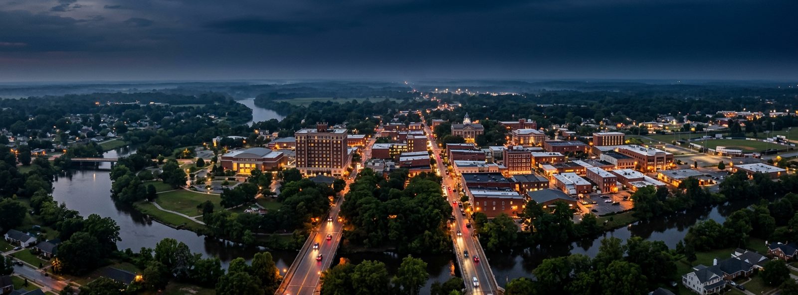 Aerial view of the Kinston, North Carolina skyline at dusk, illustrating the metro area TactStack serves structural steel businesses in