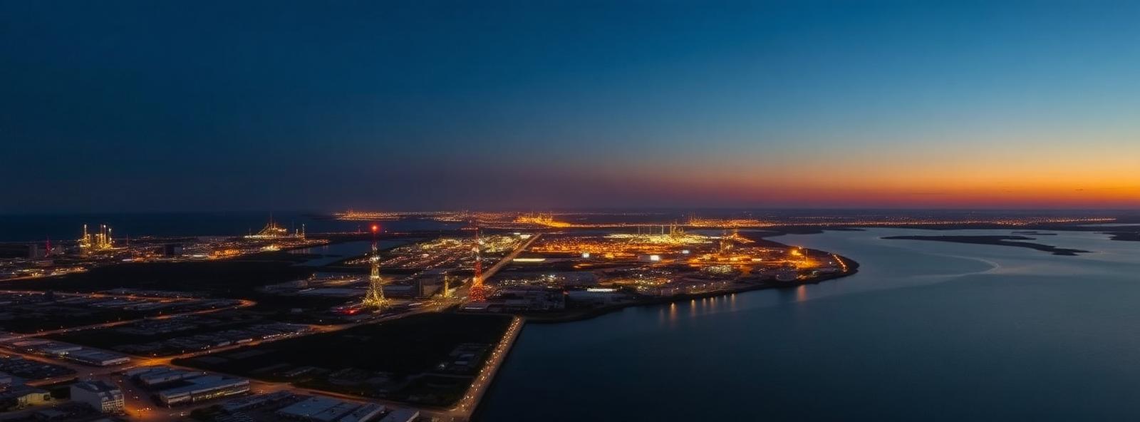 Aerial view of the Lake Charles, Louisiana skyline at dusk, illustrating the metro area TactStack serves professional services businesses in