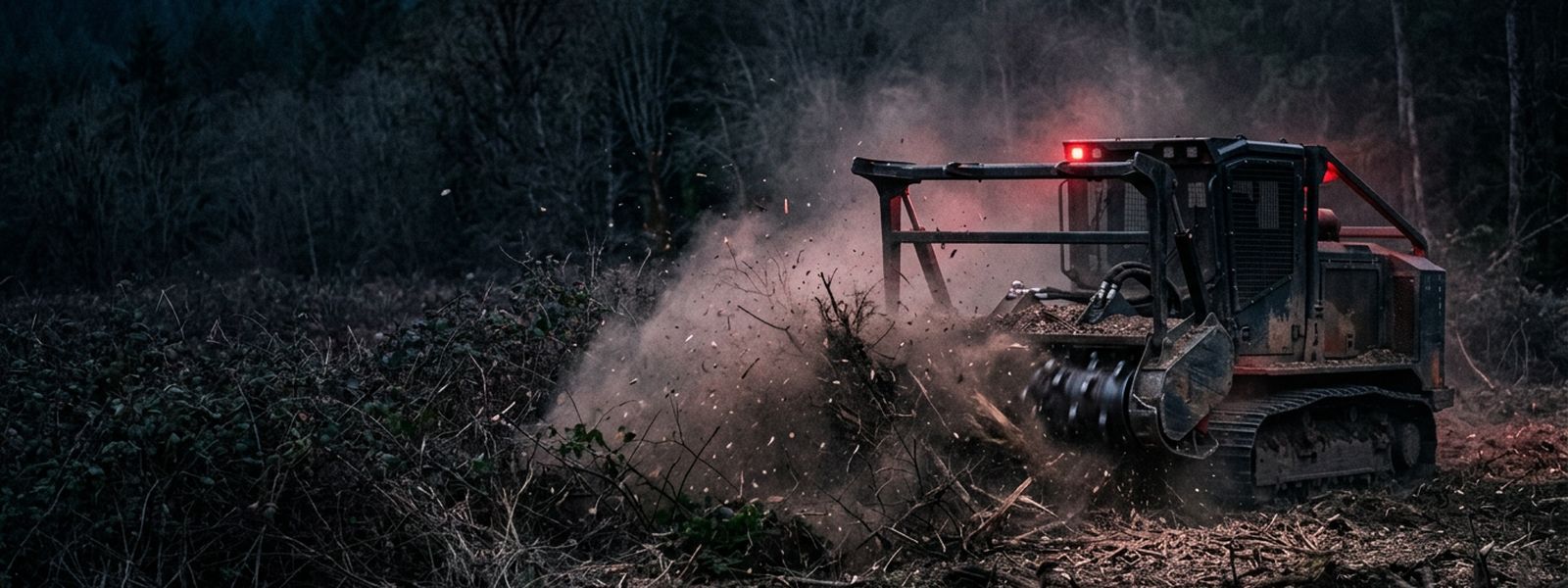 A forestry mulcher clearing brush across rural acreage
