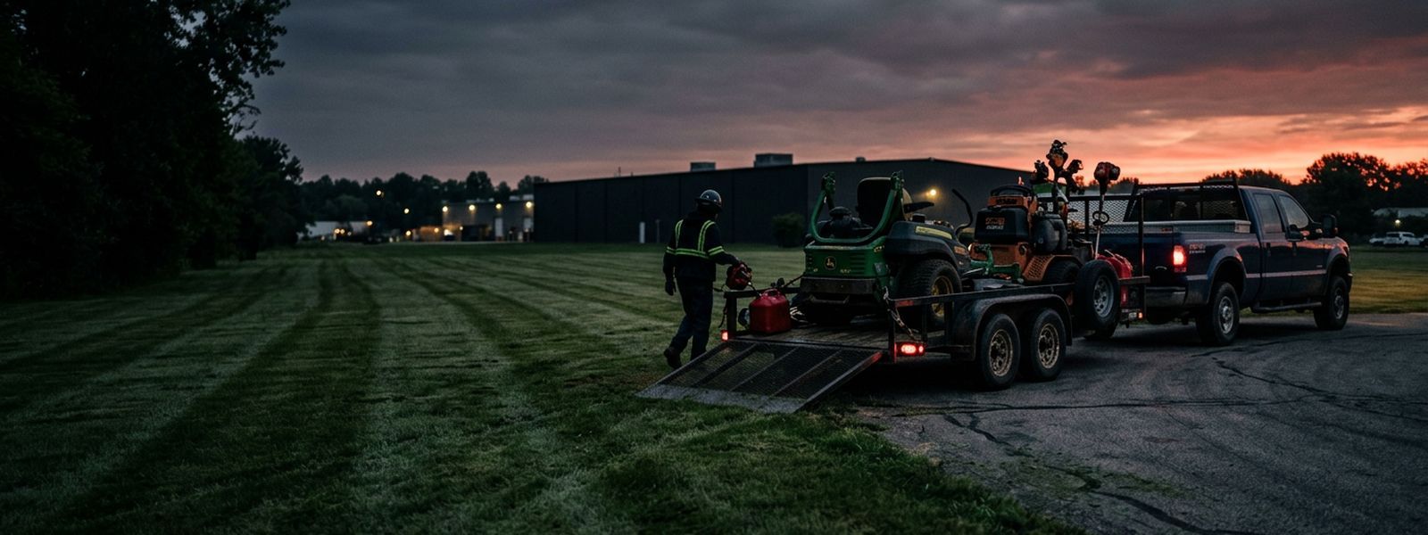 A landscape crew truck and mower trailer parked beside a freshly striped commercial lawn at sunrise