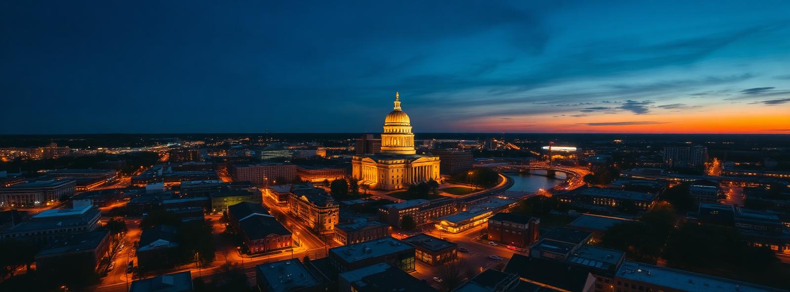 Aerial view of the Lansing, Michigan skyline at dusk, illustrating the metro area TactStack serves structural steel businesses in