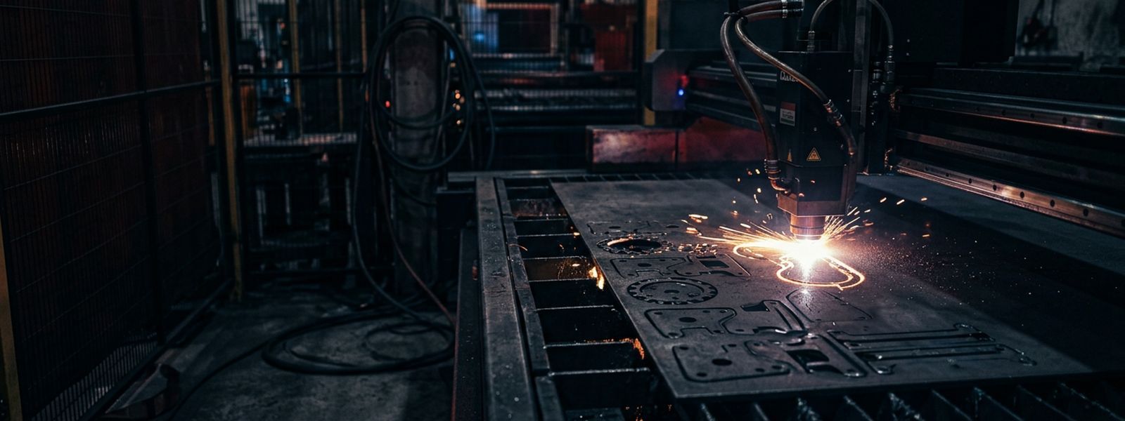 A fiber laser cutting nested parts from steel plate