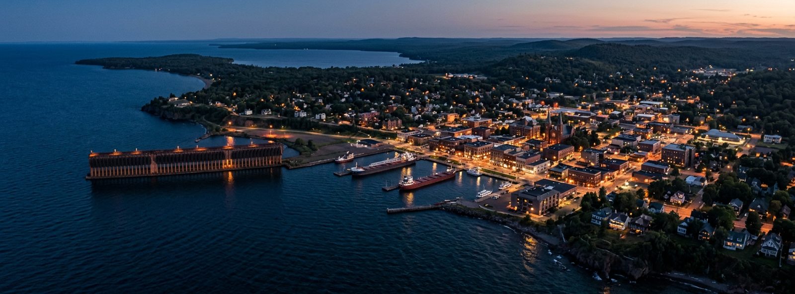 Aerial view of the Marquette, Michigan skyline at dusk, illustrating the metro area TactStack serves electrical businesses in