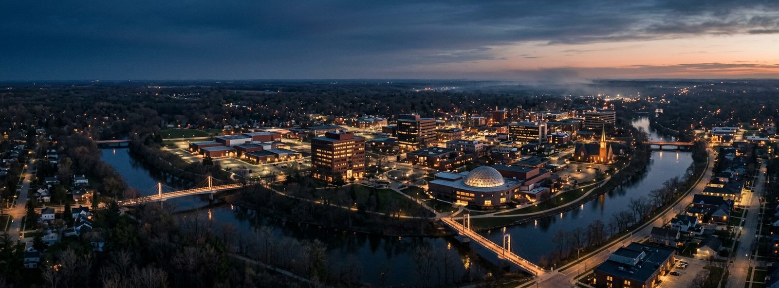 Aerial view of the Midland, Michigan skyline at dusk, illustrating the metro area TactStack serves structural steel businesses in