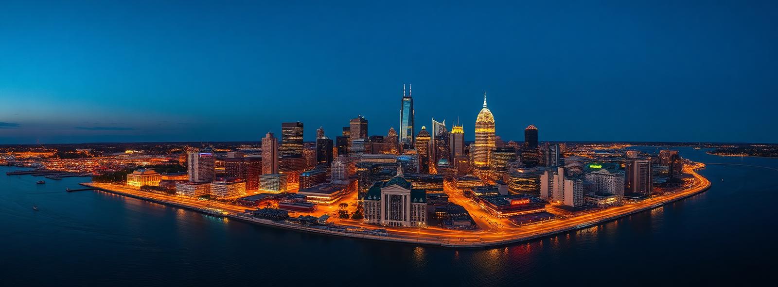 Aerial view of the Milwaukee, Wisconsin skyline at dusk, illustrating the metro area TactStack serves structural steel businesses in