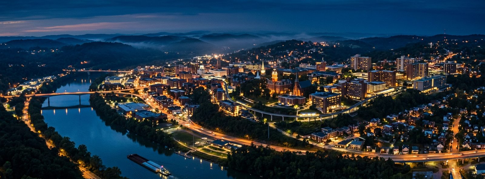 Aerial view of the Morgantown, West Virginia skyline at dusk, illustrating the metro area TactStack serves structural steel businesses in
