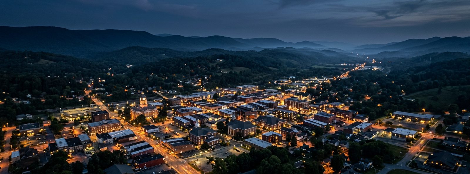 Aerial view of the Morristown, Tennessee skyline at dusk, illustrating the metro area TactStack serves HVAC businesses in