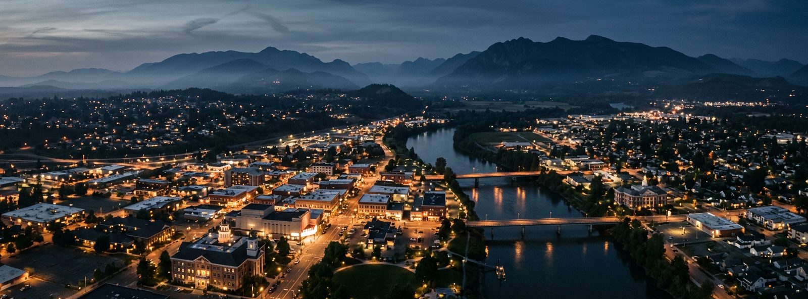 Aerial view of the Mount Vernon, Washington skyline at dusk, illustrating the metro area TactStack serves structural steel businesses in