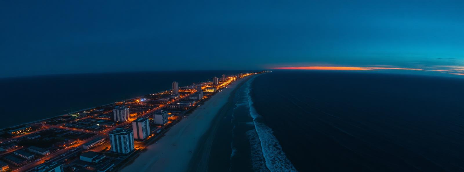 Aerial view of the Myrtle Beach, South Carolina skyline at dusk, illustrating the metro area TactStack serves electrical businesses in