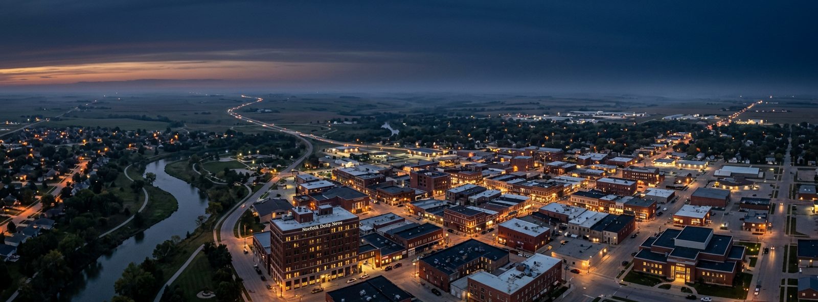 Aerial view of the Norfolk, Nebraska skyline at dusk, illustrating the metro area TactStack serves structural steel businesses in