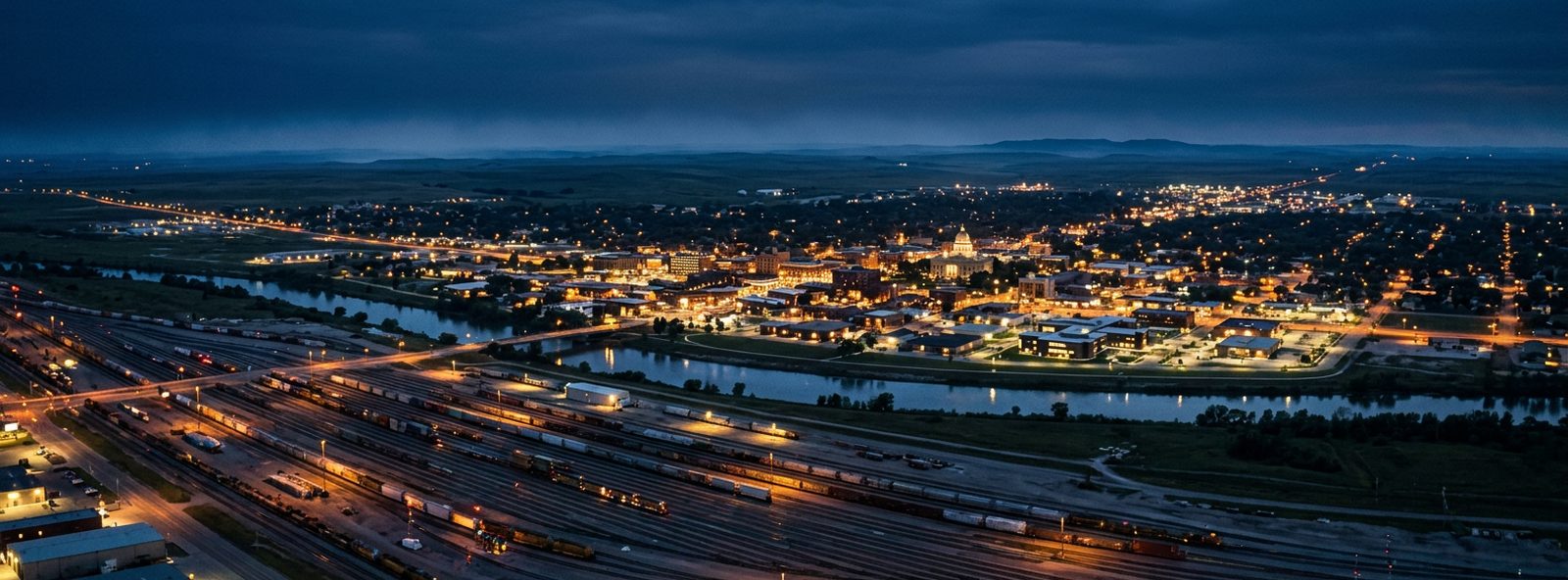 Aerial view of the North Platte, Nebraska skyline at dusk, illustrating the metro area TactStack serves structural steel businesses in