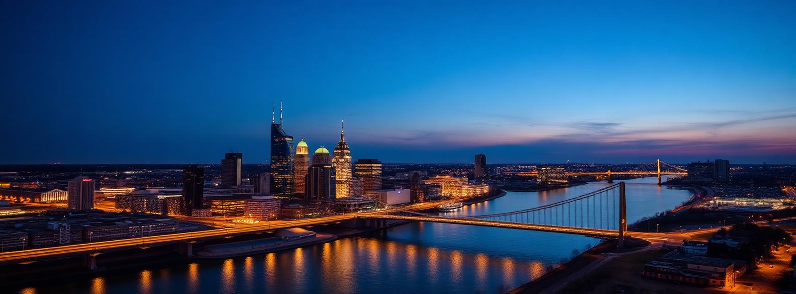 Aerial view of the Omaha, Nebraska skyline at dusk, illustrating the metro area TactStack serves structural steel businesses in
