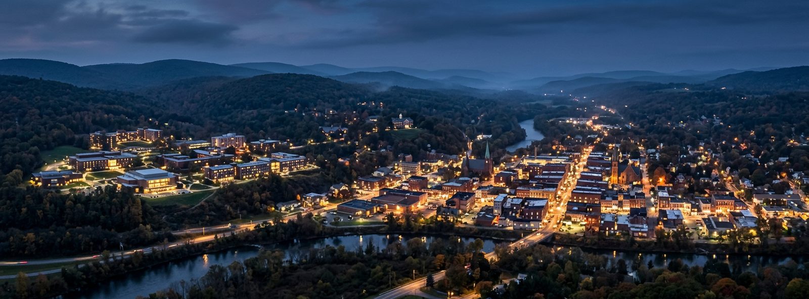 Aerial view of the Oneonta, New York skyline at dusk, illustrating the metro area TactStack serves structural steel businesses in