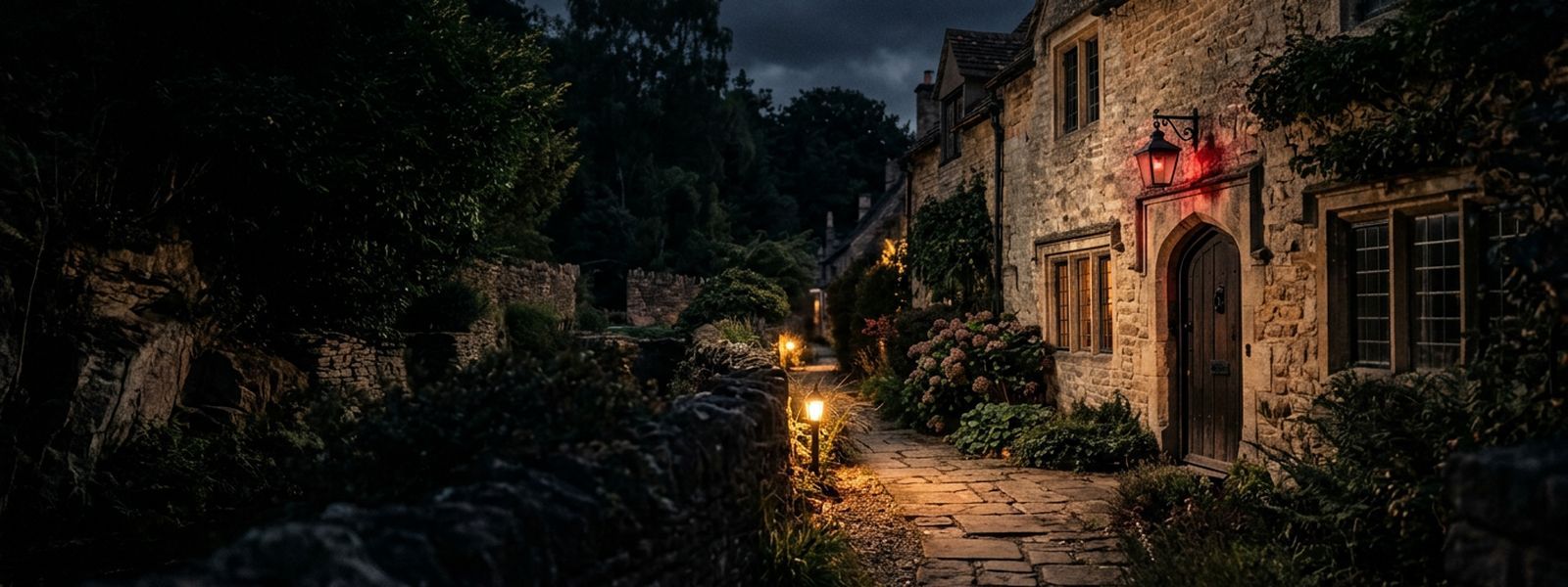 Warm landscape lighting washing across a stone facade and path at night