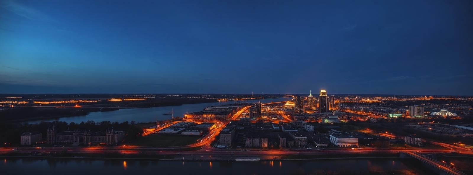 Aerial view of the Peoria, Illinois skyline at dusk, illustrating the metro area TactStack serves structural steel businesses in