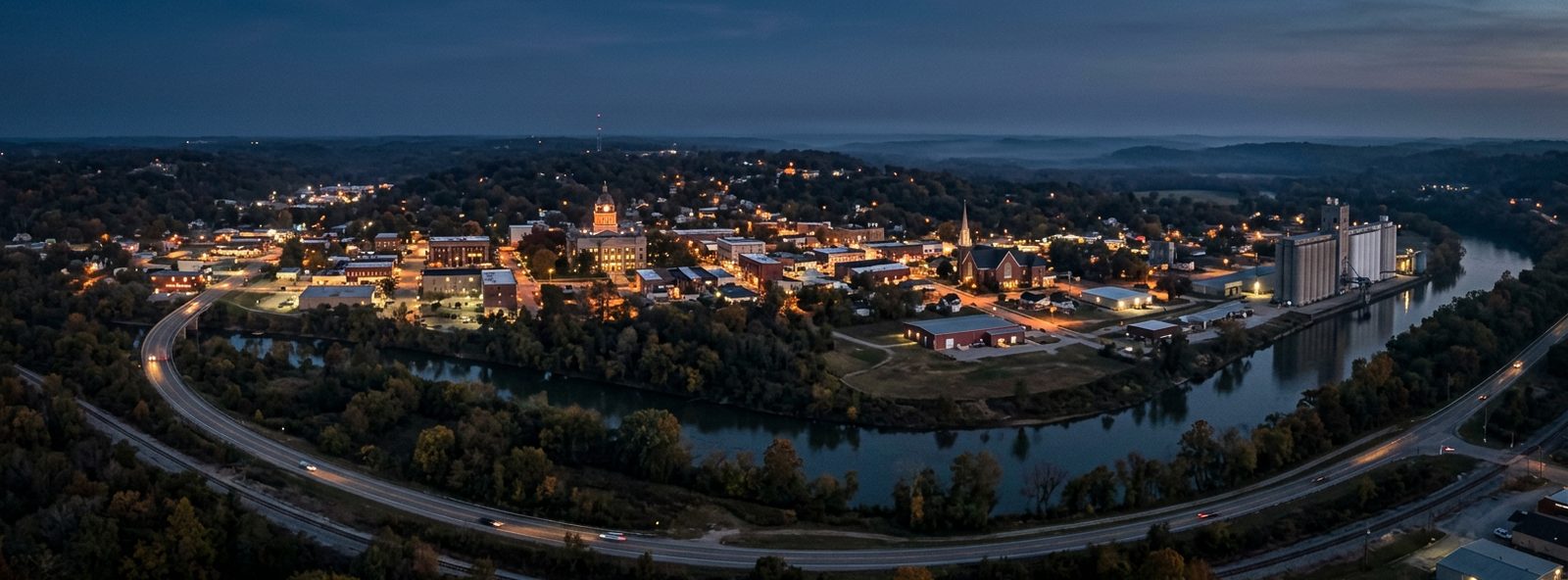 Aerial view of the Poplar Bluff, Missouri skyline at dusk, illustrating the metro area TactStack serves structural steel businesses in