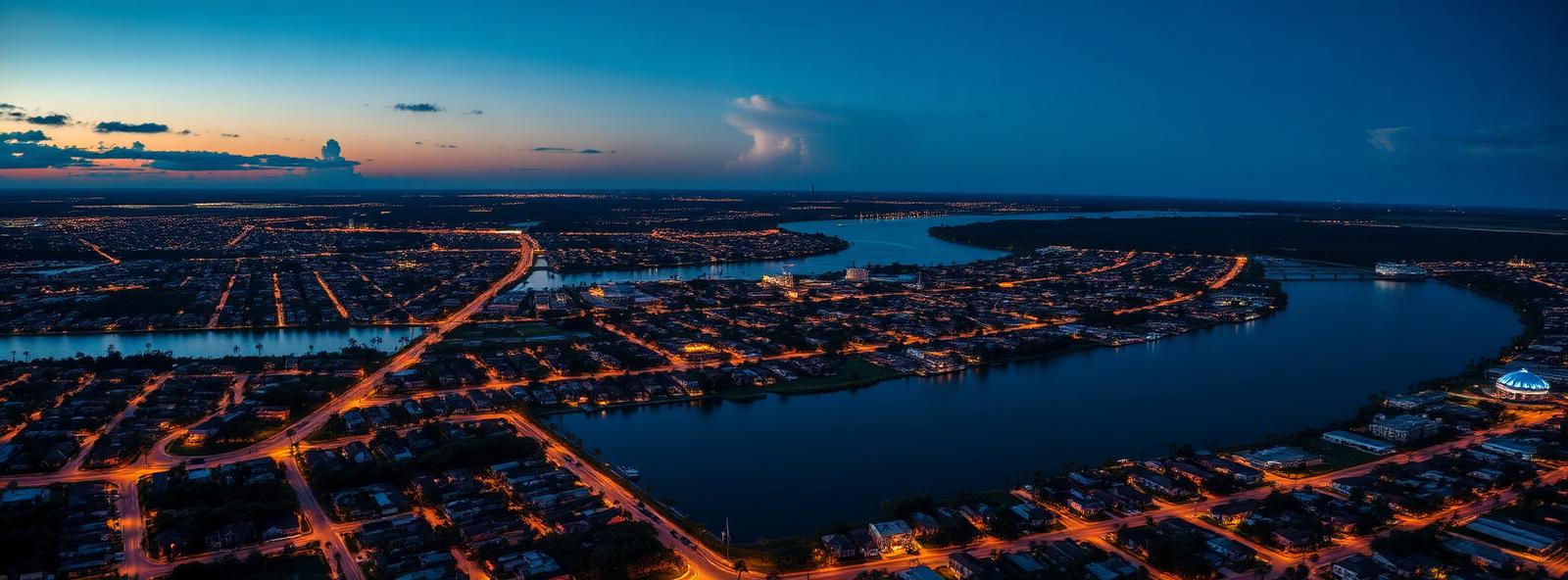 Aerial view of the Port St. Lucie, Florida skyline at dusk, illustrating the metro area TactStack serves HVAC businesses in