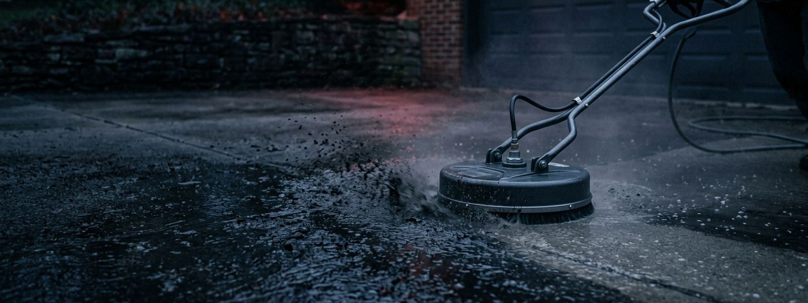 A surface cleaner splitting grime across a concrete driveway