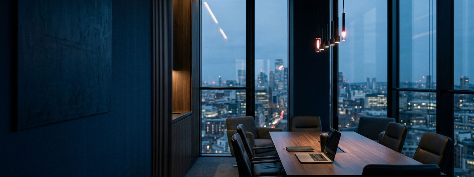 A quiet professional office at dusk, conference table set and a city skyline through tall windows