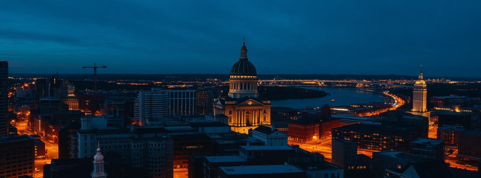 Aerial view of the Providence, Rhode Island skyline at dusk, illustrating the metro area TactStack serves structural steel businesses in
