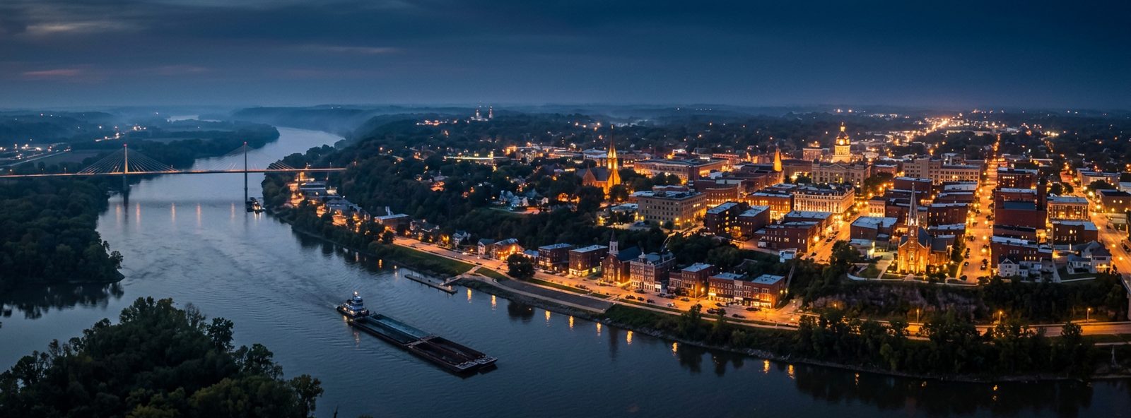 Aerial view of the Quincy, Illinois skyline at dusk, illustrating the metro area TactStack serves structural steel businesses in