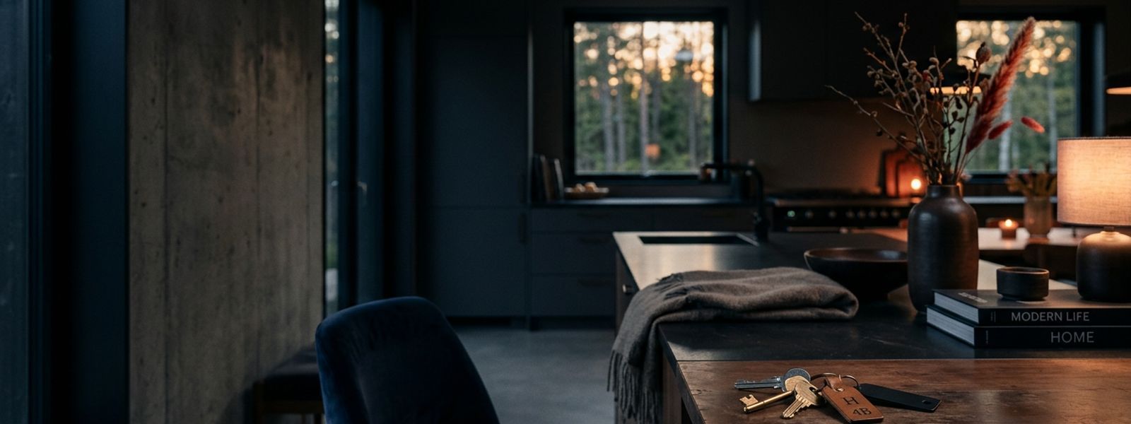 A staged home interior at golden hour with keys resting on the counter