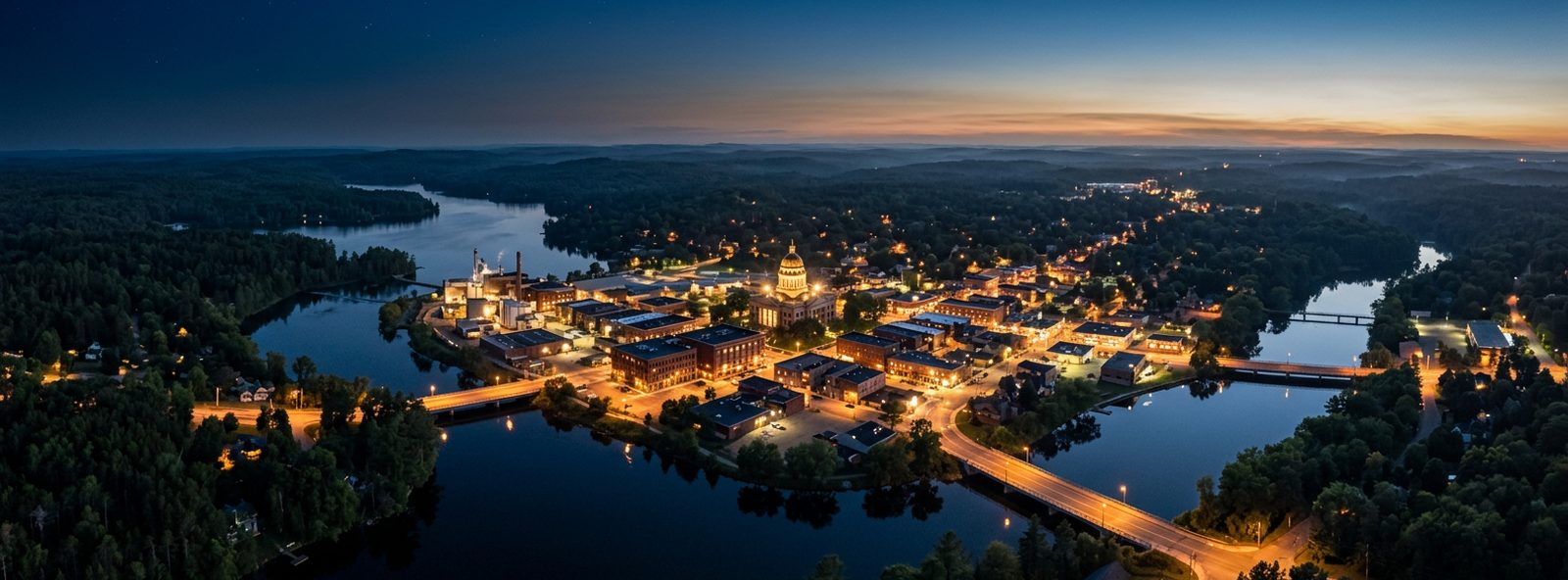 Aerial view of the Rhinelander, Wisconsin skyline at dusk, illustrating the metro area TactStack serves structural steel businesses in