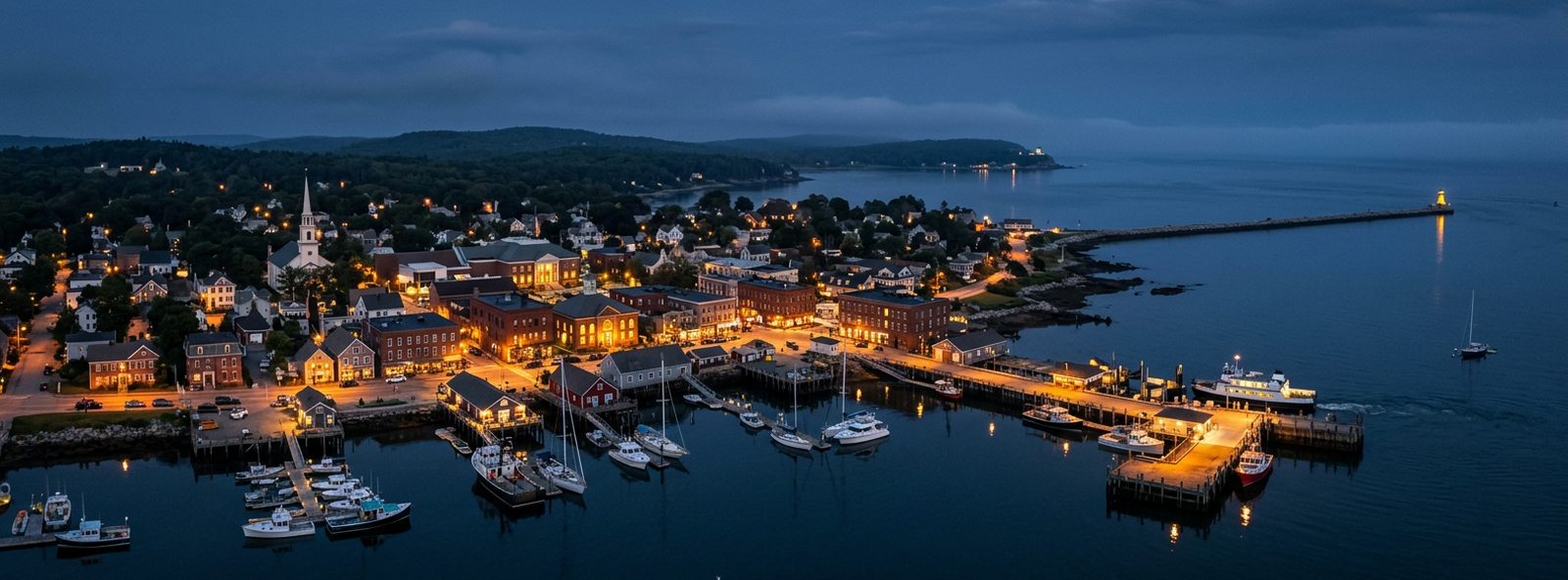 Aerial view of the Rockland, Maine skyline at dusk, illustrating the metro area TactStack serves structural steel businesses in