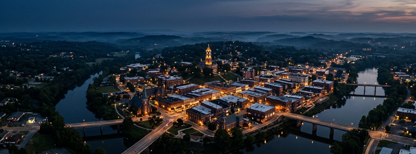 Aerial view of the Rome, Georgia skyline at dusk, illustrating the metro area TactStack serves structural steel businesses in