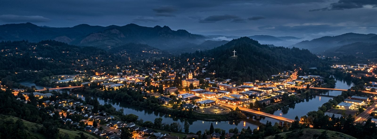 Aerial view of the Roseburg, Oregon skyline at dusk, illustrating the metro area TactStack serves structural steel businesses in