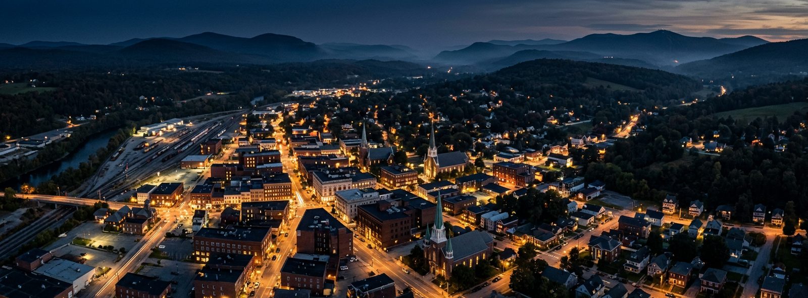 Aerial view of the Rutland, Vermont skyline at dusk, illustrating the metro area TactStack serves structural steel businesses in