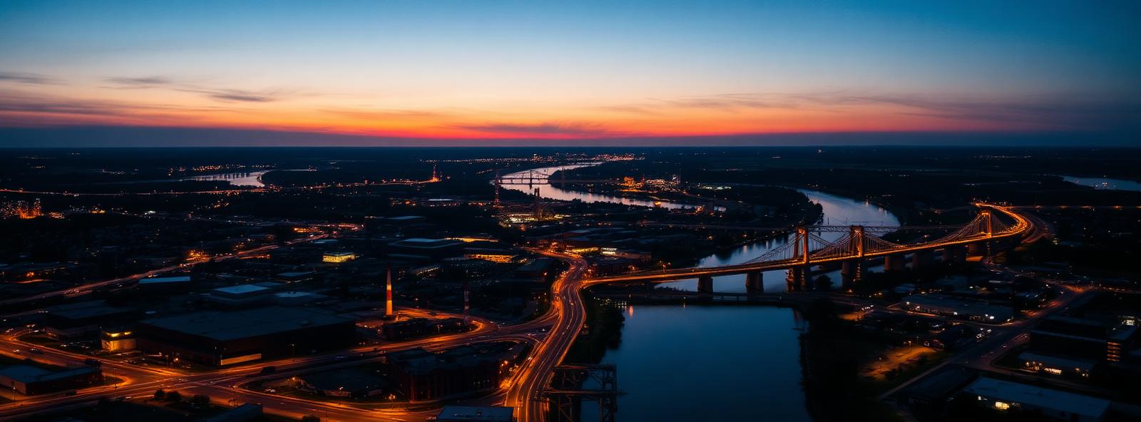 Aerial view of the Saginaw, Michigan skyline at dusk, illustrating the metro area TactStack serves structural steel businesses in