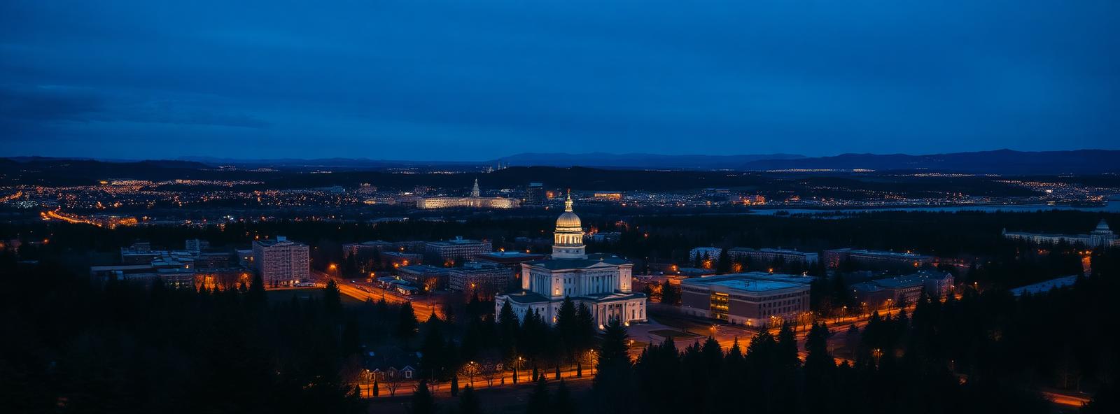 Aerial view of the Salem, Oregon skyline at dusk, illustrating the metro area TactStack serves structural steel businesses in