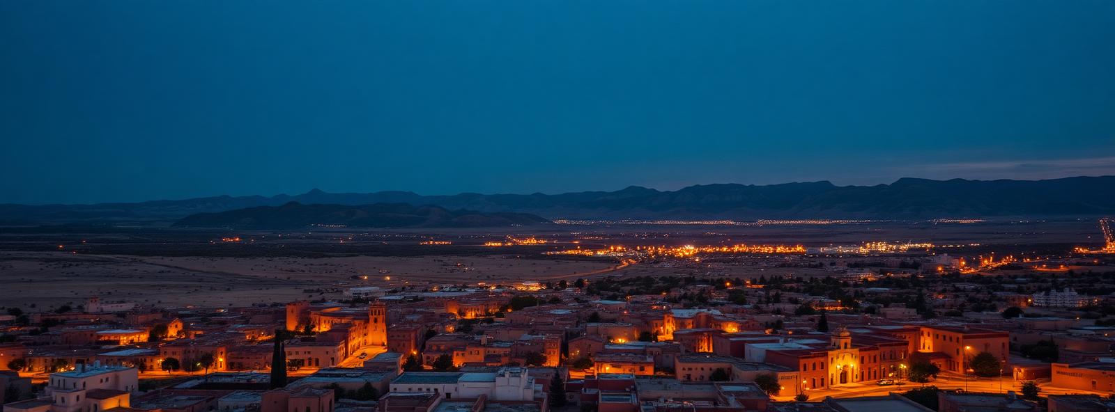 Aerial view of the Santa Fe, New Mexico skyline at dusk, illustrating the metro area TactStack serves structural steel businesses in