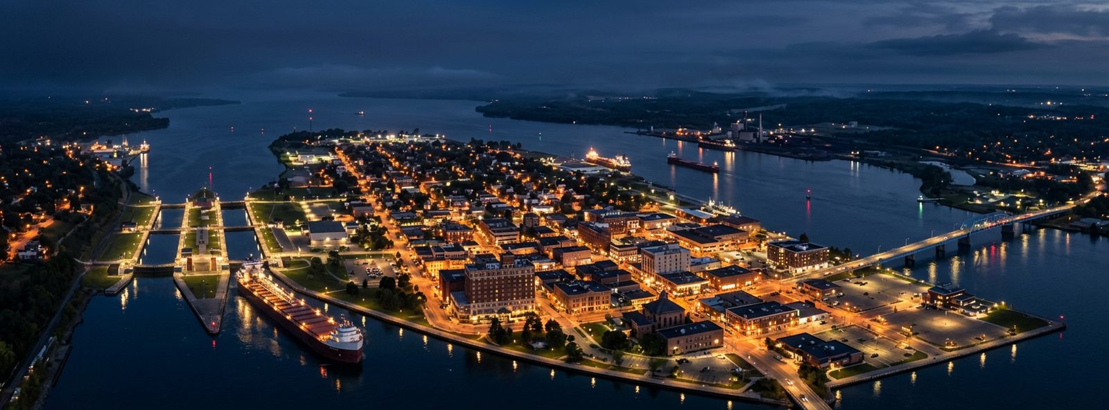 Aerial view of the Sault Ste. Marie, Michigan skyline at dusk, illustrating the metro area TactStack serves structural steel businesses in