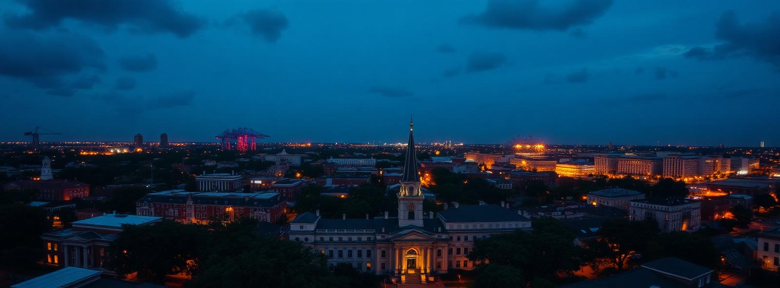 Aerial view of the Savannah, Georgia skyline at dusk, illustrating the metro area TactStack serves structural steel businesses in