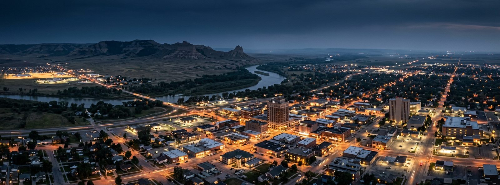 Aerial view of the Scottsbluff, Nebraska skyline at dusk, illustrating the metro area TactStack serves structural steel businesses in