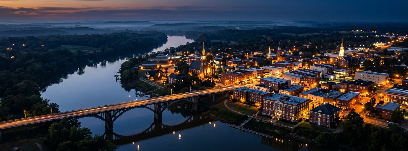 Aerial view of the Selma, Alabama skyline at dusk, illustrating the metro area TactStack serves structural steel businesses in