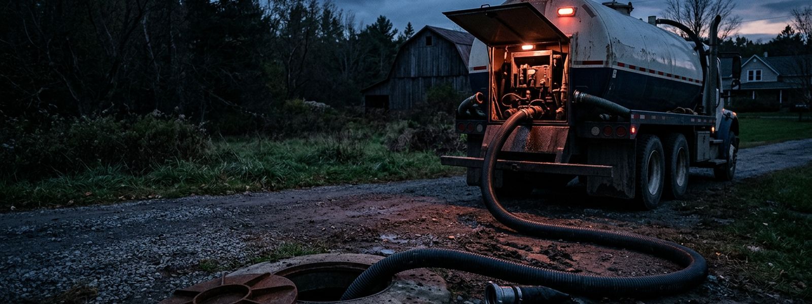 A pump truck hose run to an open septic lid in a rural yard at dusk