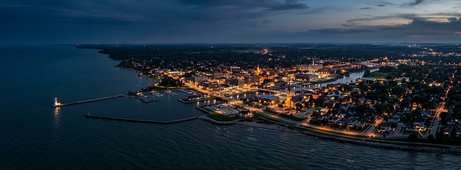 Aerial view of the Sheboygan, Wisconsin skyline at dusk, illustrating the metro area TactStack serves structural steel businesses in
