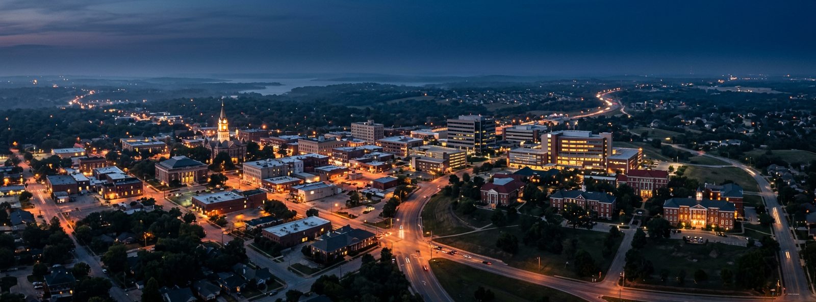 Aerial view of the Sherman, Texas skyline at dusk, illustrating the metro area TactStack serves structural steel businesses in