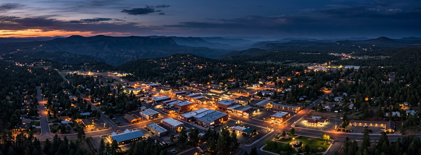 Aerial view of the Show Low, Arizona skyline at dusk, illustrating the metro area TactStack serves structural steel businesses in