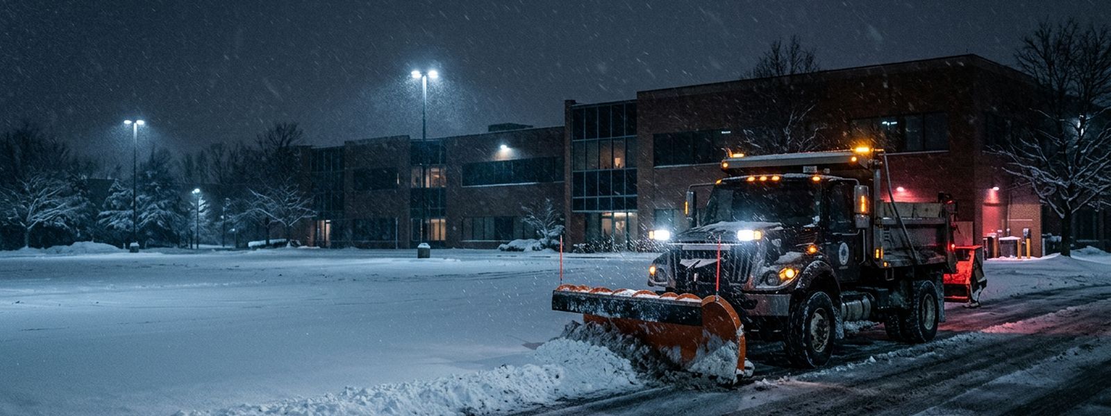 A plow truck clearing a commercial lot under falling snow at night
