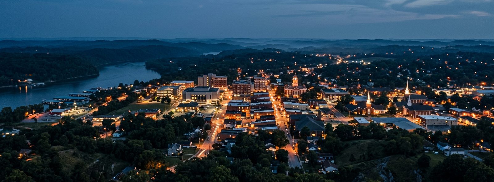 Aerial view of the Somerset, Kentucky skyline at dusk, illustrating the metro area TactStack serves structural steel businesses in