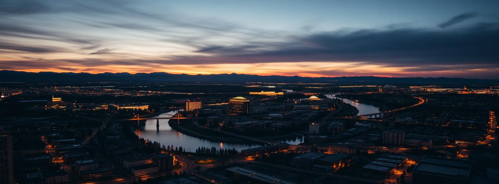 Aerial view of the Spokane, Washington skyline at dusk, illustrating the metro area TactStack serves structural steel businesses in