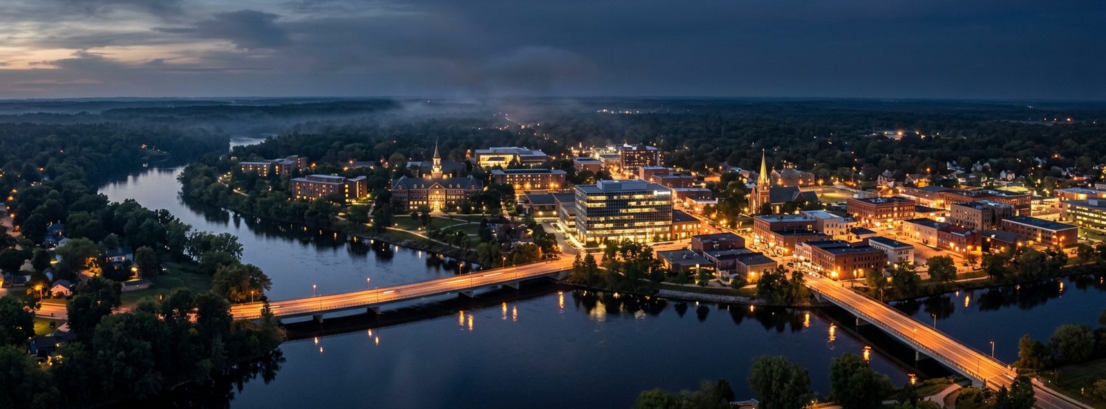 Aerial view of the Stevens Point, Wisconsin skyline at dusk, illustrating the metro area TactStack serves structural steel businesses in