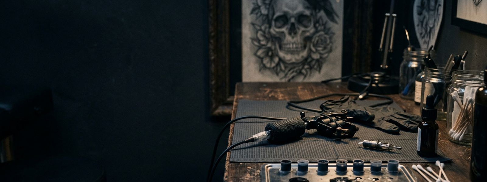 A tattoo station with machine and ink caps set under focused lighting